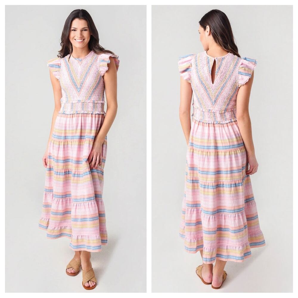 SAYLOR | Women's Alanna Dress Stripped Midi Flutter Sleeve Smocked Tiered Skirt